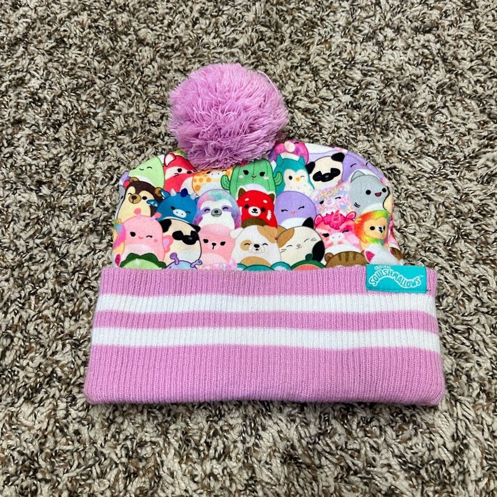 Squishmallows Pink Pom Pom Striped Beanie